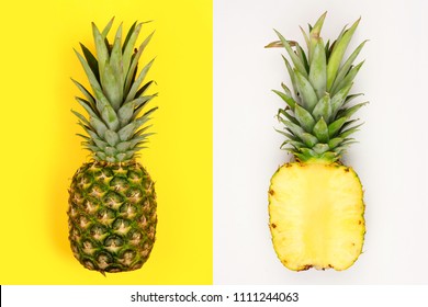 Creative pineapple layout. Whole fruit on bright yellow, half slice with white background. Minimal summer concept Top view.