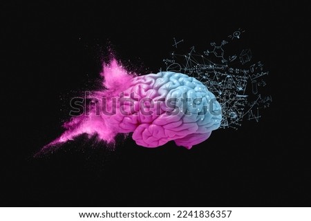 Creative pink blue brain - creative and mathematical mindset. Explosion of colors and creativity, concept. Mathematics, formulas and chemistry, concept. Smart and creative mind. Thinking different