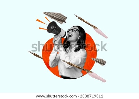 Creative pinup image picture collage of woman reporter from news paper broadcast with bullhorn breaking news