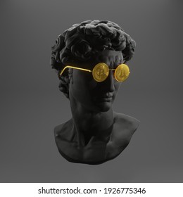 Creative. Plaster statue of David's head in bitcoinglasses. Minimal concept art. 3d render.