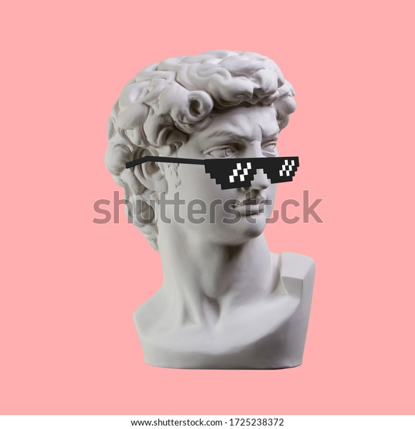 Creative. Plaster statue of David\'s head in pixel\
glasses. Minimal concept\
art.