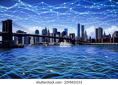 Creative polygonal mesh waterfront city skyline wallpaper. Smart city and web network concept. Double exposure