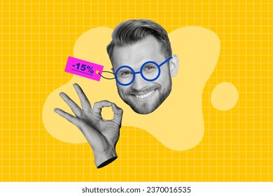 Creative pop collage young guy showing okey symbol price tag new best eyeglasses 15 percent discount isolated on plaid yellow background