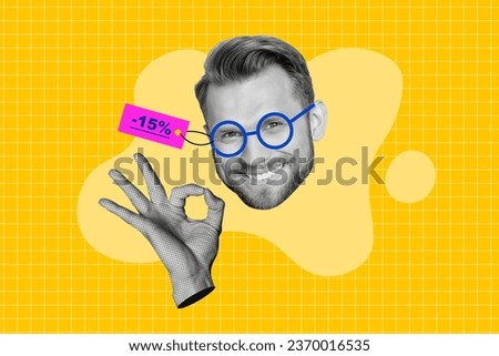 Creative pop collage young guy showing okey symbol price tag new best eyeglasses 15 percent discount isolated on plaid yellow background