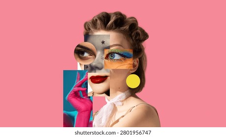 Creative portrait artwork blending multiple beauty styles, facial features and artistic elements on pink background. Concept of cultural diversity, identity, inclusion and self-expression.