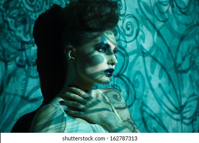 Creative Portrait, Fashion Woman With Color Image  On Her Face