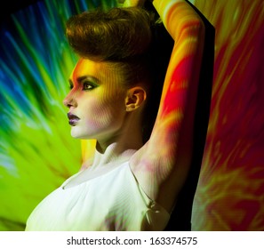 Creative Portrait, Fashion Woman With Color Image On Her Face