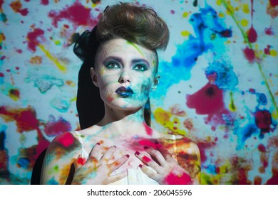 Creative Portrait, Fashion Woman With Color Image On Her Face