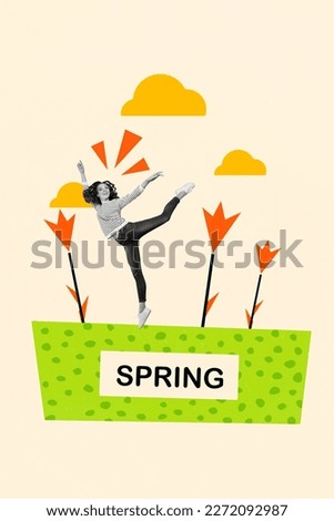 Creative postcard template collage of dream girl gymnast enjoy spring walk on beautiful sunny countryside field