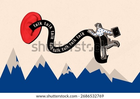 Creative poster banner 3d collage photo of happy girl run ear tattle listen murmur secret propaganda narrative news popularization