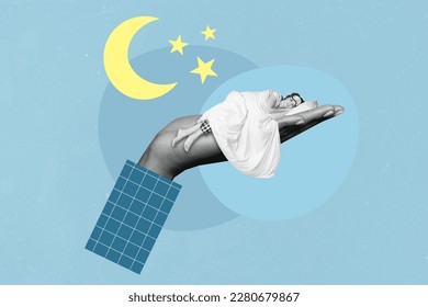 Creative poster banner collage sleepy young lady lying human hand enjoy comfort night sleep