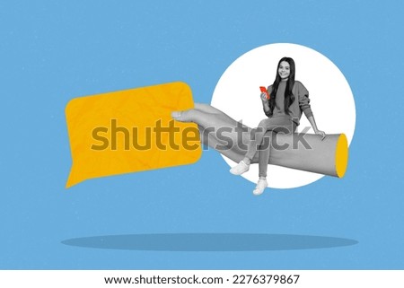 Creative poster banner collage of small teen lady sitting human hand using smart gadget social network communication concept