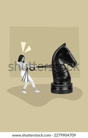 Creative poster banner collage of strong young lady play chess fight for victory pull string knight horse