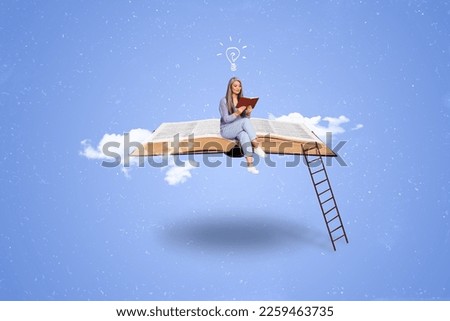 Creative poster banner collage of weird aged woman sit open flying book read intellectual fiction story have brilliant mind