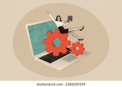 Creative poster banner collage of young business lady working of mechanical security data project structure cog wheels - Powered by Shutterstock