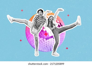 Creative poster collage of active lady guy dance energetic party isolated blue color glitter disco ball background - Shutterstock ID 2171205899