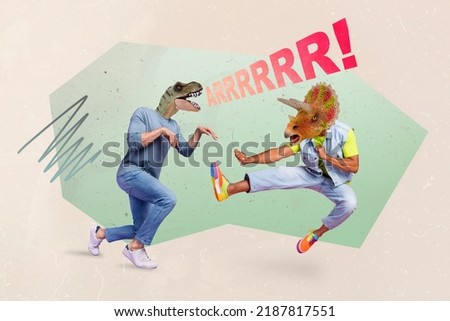 Creative poster collage of angry mad people with dino faces fighting kick legs punch fists roaring wild