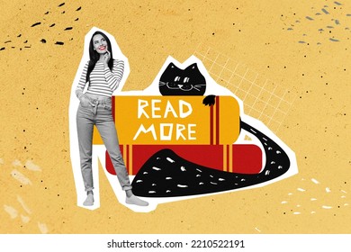 Creative Poster Collage Of Beautiful Young Woman Choose Book Lover Black Drawing Cat Cozy Calm Weekend Read More Bookstore Advert