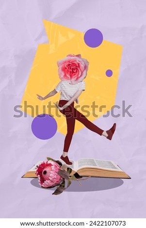Creative poster collage of dancing rose instead head read book flower blooming romantic poster weird freak bizarre unusual fantasy