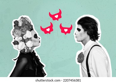 Creative Poster Collage Of Dead Lovers Couple Kiss Muertos Mexican Costumes Halloween Calavera Catrina Mariachi Skeletons Heart Bubbles