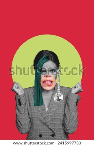 Creative poster collage of different face parts irritated businesswoman spoilt hair bad hairstyle weird freak bizarre unusual fantasy