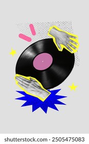 Creative poster collage of dj hands vinyl record listen music party disco have fun unusual fantasy billboard comics zine