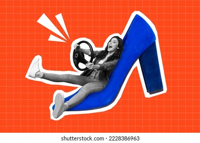 Creative poster collage of excited funny energetic young woman driving female big shoe heel elegant steering wheel rudder riding car