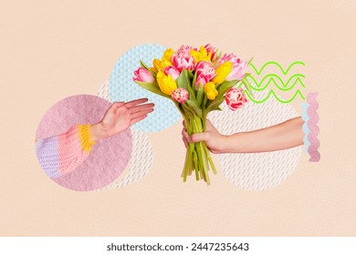 Creative poster collage of hand give tulips flowers bouquet holiday congratulation celebration concept weird freak bizarre unusual - Powered by Shutterstock