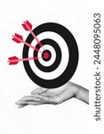 Creative poster collage of hand hold darts target arrows point startup business marketing audience weird freak bizarre unusual