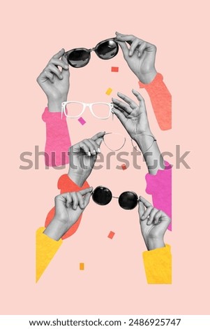 Creative poster collage of hands hold eyewear sunglass ad summer vacation shopping unusual fantasy billboard comics zine