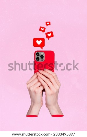Creative poster collage of hands holding device gadget telephone heart icon social media smm manager successful blogger popularity