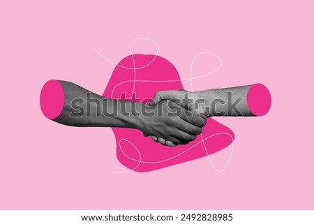 Creative poster collage of hands shaking business partners support help therapy concept bizarre unusual fantasy billboard