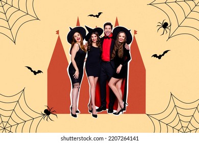 Creative Poster Collage Of Happy Smile Funny People Halloween Party Disco Costumes Decoration Witches Dracula Have Fun Sabbath Evil Spirits