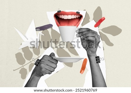 Creative poster collage human face fragments mouth teeth smile drink coffee cup mug cafe restaurant order hands surreal concept