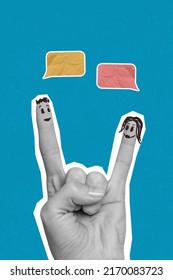 Creative poster collage human hands make rock roll sign imagine two fingers couple interact and each other isolated