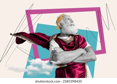 Creative poster collage image of puzzled old man king wear greek wreath ancient era senator gray-haired beard royal masquerade