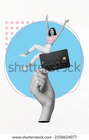Creative poster collage photo of young positive banker woman hands up celebrate sit big plastic premium ecard promo isolated on painted background
