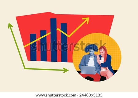 Creative poster collage of teamwork startup entrepreneur trading report graph analysis earning fantasy billboard comics zine