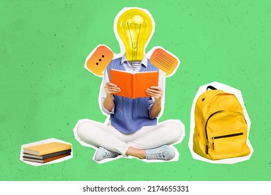 Creative Poster Collage Of Weird High School Student Read Book Have Brilliant Idea Bulb Face Isolated Color Background