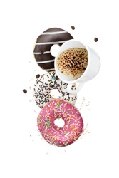Creative Poster With Donuts. Doughnuts In Motion Falling Isolated On White Background. Sweet Donuts With White Cup Coffee Flying In Motion Or Falling.