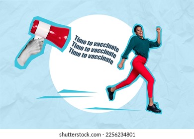 Creative poster photo collage of young businesswoman running against vaccination time announcement loudspeaker isolated on blue color background - Shutterstock ID 2256234801