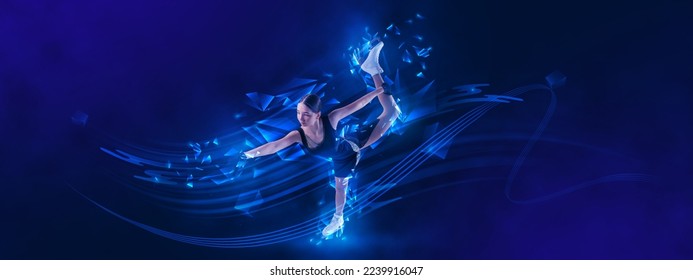 Creative poster with sportive teen girl, junior female figure skater skating over blue background with neon polygonal elements. Professional sport, beauty, winter sports. Copy space for ad