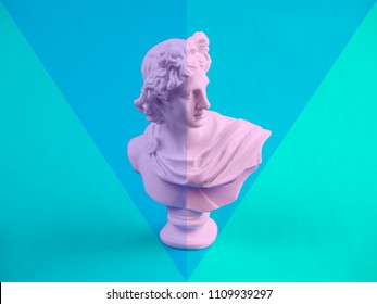 Creative Postmodernism Artwork With Ancient Greek Sculpture Apollo. Webpunk And Vaporwave Style.