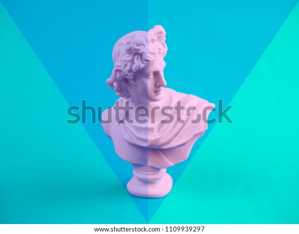 Creative postmodernism artwork with\
ancient greek sculpture Apollo. Webpunk and vaporwave\
style.