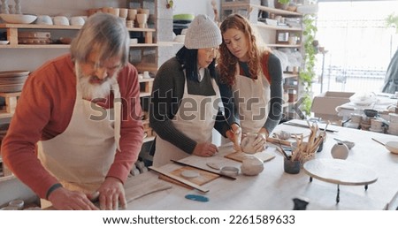 Creative pottery class, senior couple and teacher working together. Art, creativity and education, retirement hobby with clay for asian man and woman from Japan in workshop with girl teaching craft.