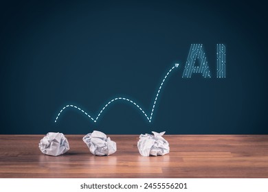 Creative process concept with AI use - from no idea to AI generative idea. PCB AI text representing artificial intelligence. Copywriter with no idea and solution in generative content.