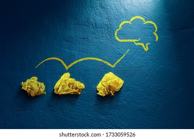 Creative Process Concept - From Failed Idea To Successful Idea (problem Solution). Three Crumpled Papers And Symbol Of The Brain Representing Idea.