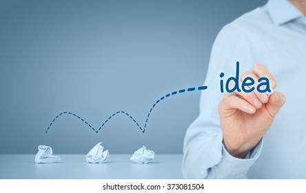 Creative process concept - from failed idea to successful idea (problem solution). Manager has an idea, wide composition.