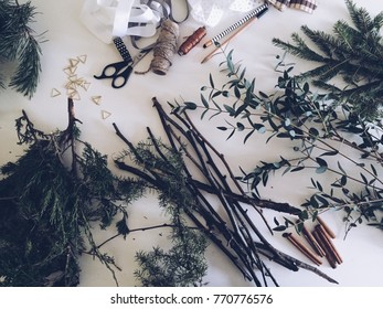 creative process of making Christmas decorations. natural materials. 