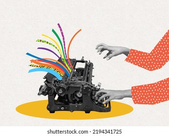 Creative process. Pop art collage. Female hand typing on retro typewriter isolated over white background. Vintage, retro 80s, 70s style. Bright colors. Copy space for ad, text - Shutterstock ID 2194341725